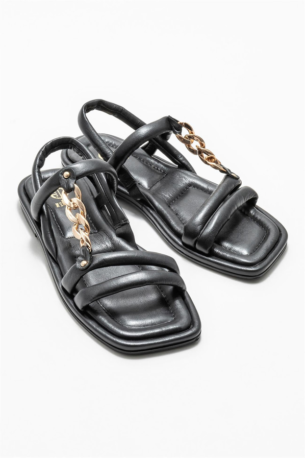 Siyah deri düz zincir detaylı kadın sandalet, rahat kullanım için - Elle Shoes
