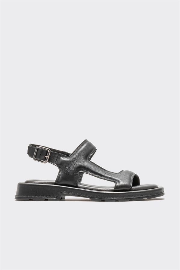 Siyah deri düz kadın sandalet - Elle Shoes