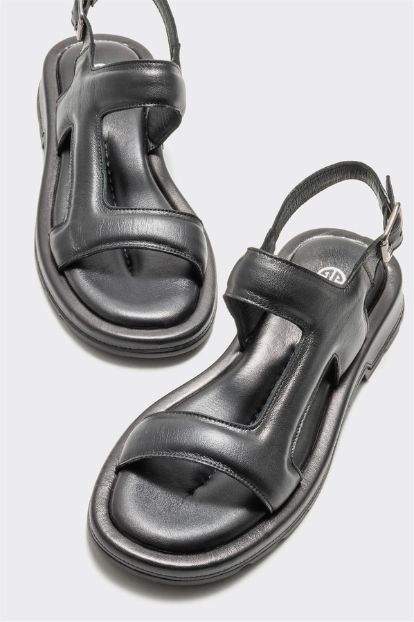 Siyah deri düz kadın sandalet - Elle Shoes