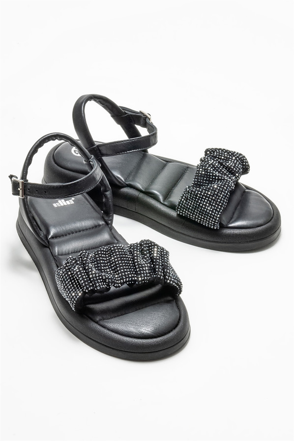 Siyah deri düz kadın sandalet - Elle Shoes