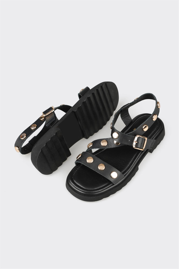 Siyah deri düz yumuşak dokulu kadın sandalet, günlük kullanım için - Elle Shoes