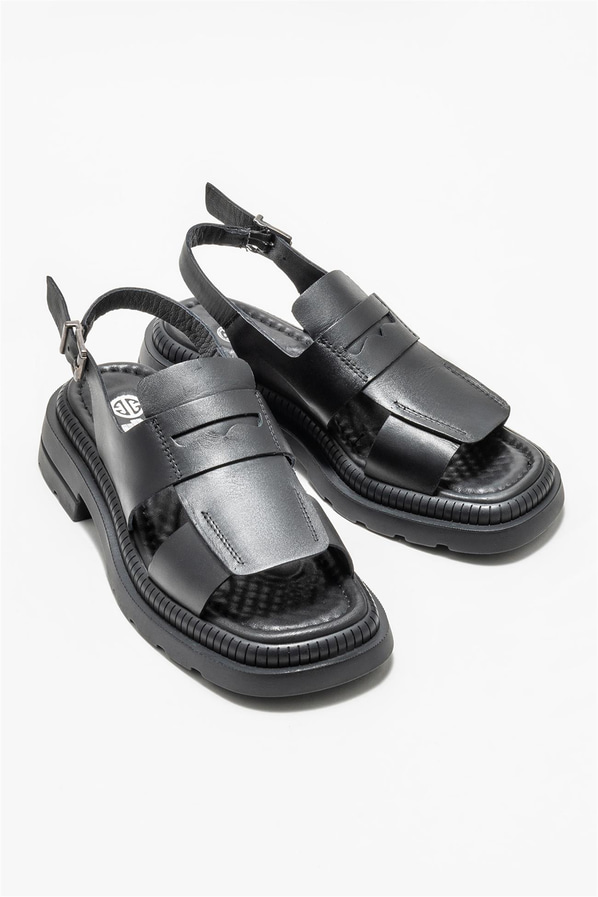 Siyah deri düz kadın sandalet - Elle Shoes
