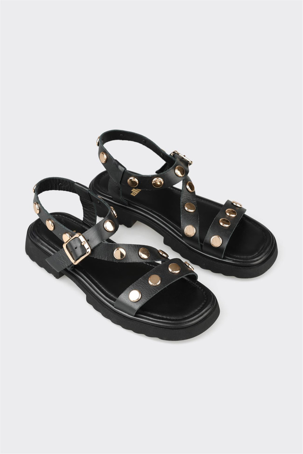 Siyah deri düz yumuşak dokulu kadın sandalet, günlük kullanım için - Elle Shoes