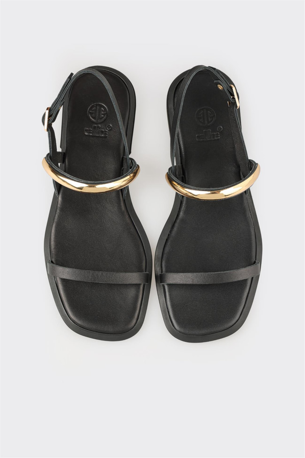 Siyah deri düz yumuşak dokulu kadın sandalet, rahat kullanım için - Elle Shoes