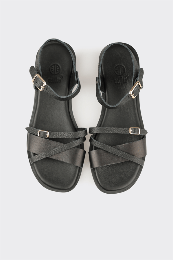 Siyah deri düz kadın sandalet - Elle Shoes