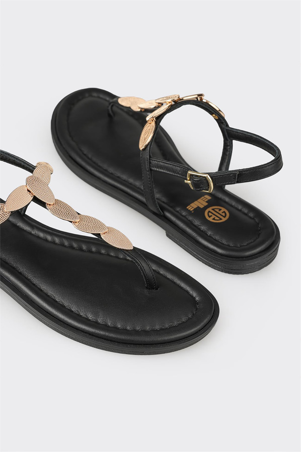 Siyah deri düz kadın sandalet, rahat kullanım için - Elle Shoes