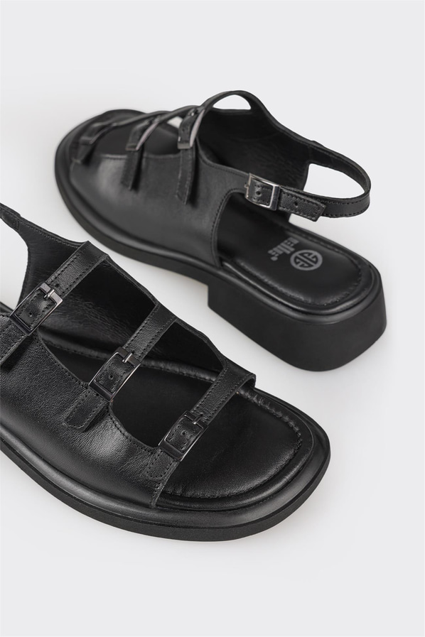 Siyah deri düz kadın sandalet - Elle Shoes