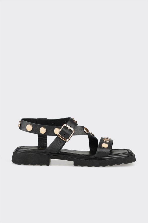 Siyah deri düz yumuşak dokulu kadın sandalet, günlük kullanım için - Elle Shoes