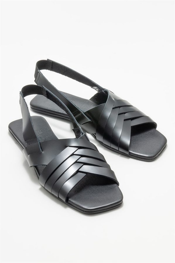 Siyah deri düz kadın sandalet - Elle Shoes
