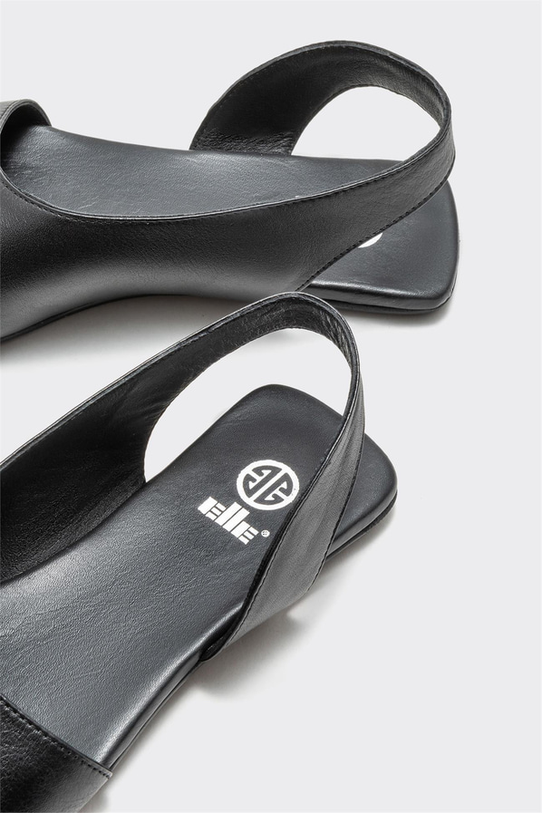 Siyah deri düz kadın sandalet - Elle Shoes