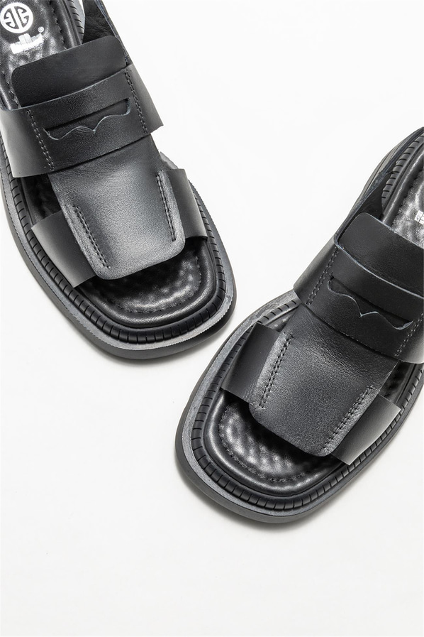Siyah deri düz kadın sandalet - Elle Shoes