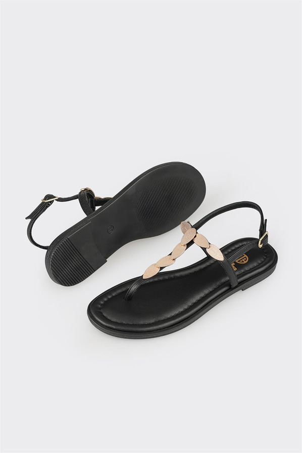 Siyah deri düz kadın sandalet, rahat kullanım için - Elle Shoes