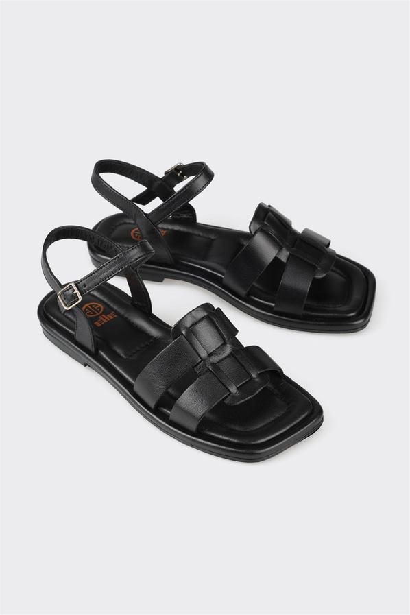 Siyah deri düz kadın sandalet - Elle Shoes
