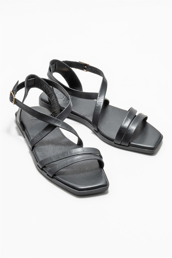 Siyah deri düz kadın sandalet - Elle Shoes