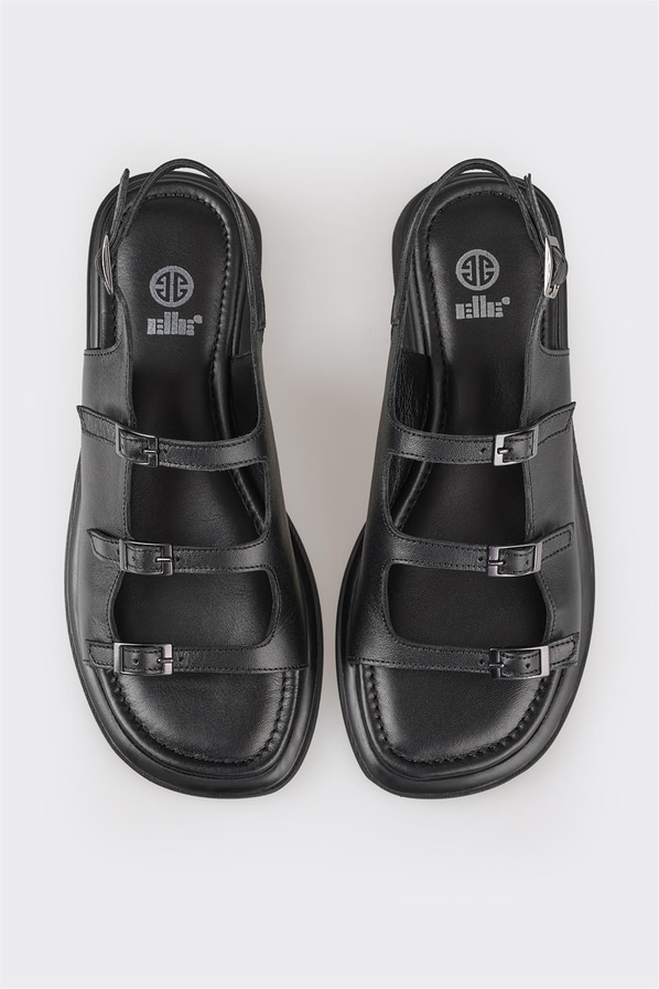 Siyah deri düz kadın sandalet - Elle Shoes