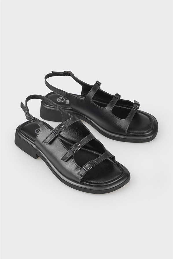 Siyah deri düz kadın sandalet - Elle Shoes
