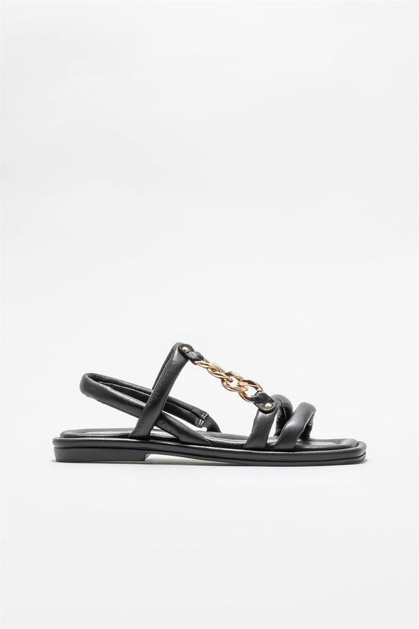 Siyah deri düz zincir detaylı kadın sandalet, rahat kullanım için - Elle Shoes