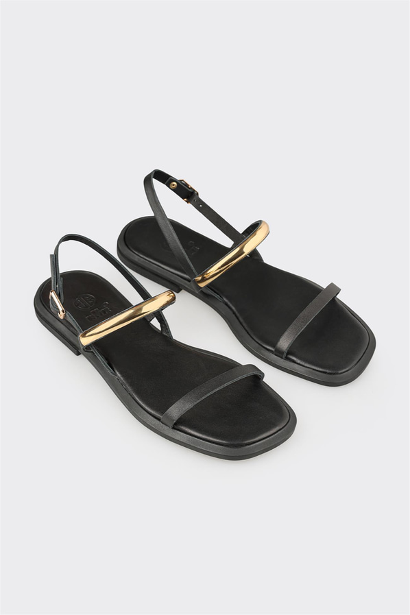 Siyah deri düz yumuşak dokulu kadın sandalet, rahat kullanım için - Elle Shoes