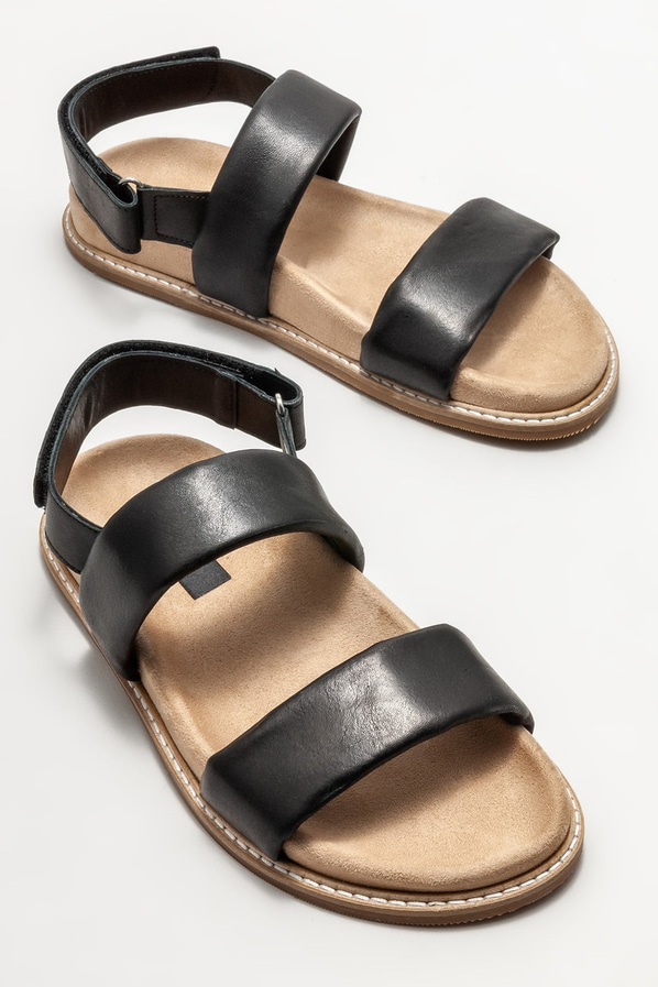Siyah deri düz kadın sandalet - Elle Shoes