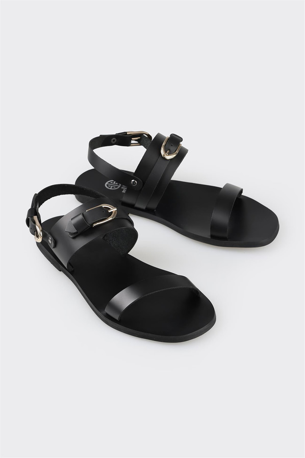 Siyah deri düz kadın sandalet - Elle Shoes