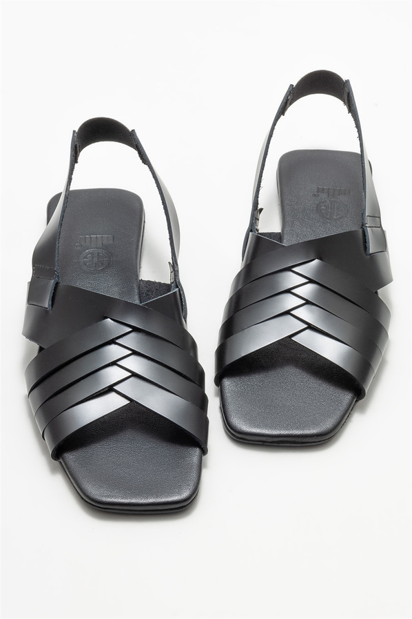 Siyah deri düz kadın sandalet - Elle Shoes