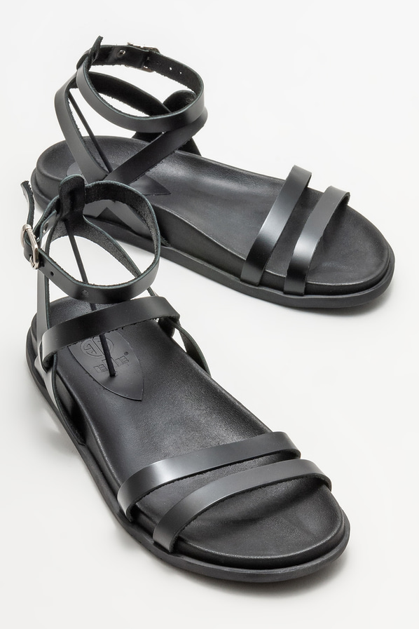 Siyah deri düz kadın sandalet - Elle Shoes