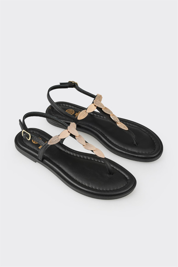 Siyah deri düz kadın sandalet, rahat kullanım için - Elle Shoes