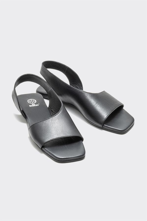 Siyah deri düz kadın sandalet - Elle Shoes