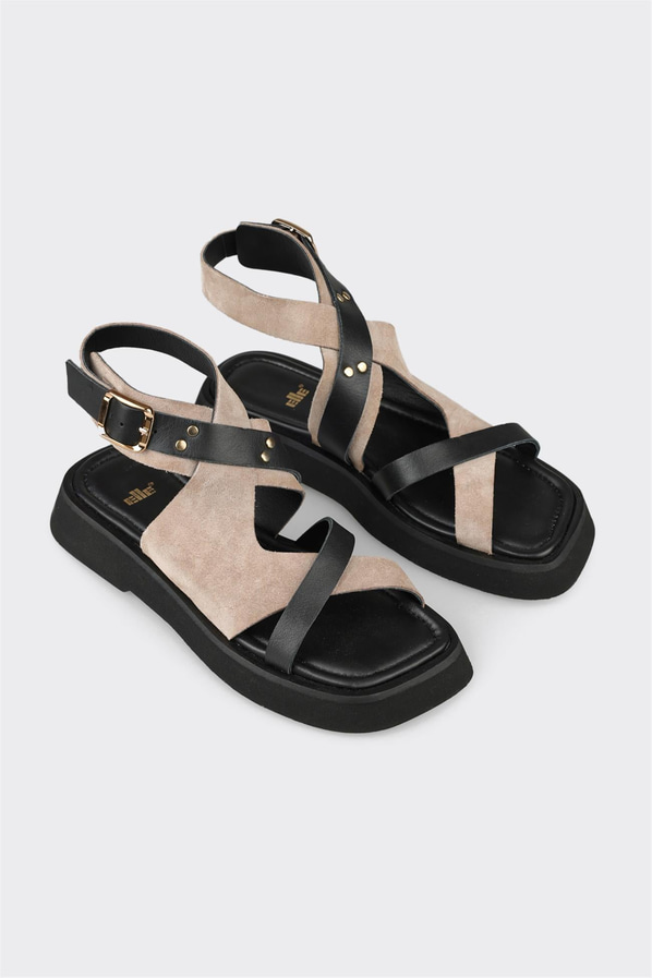 Siyah kahve deri düz kadın sandalet, rahat kullanım için - Elle Shoes