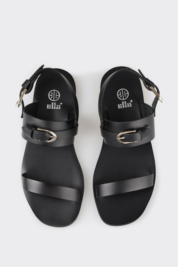 Siyah deri düz kadın sandalet - Elle Shoes