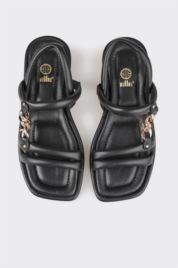 Siyah deri düz zincir detaylı kadın sandalet, rahat kullanım için - Elle Shoes