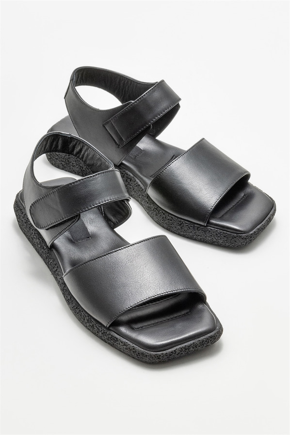 Siyah deri düz kadın sandalet - Elle Shoes
