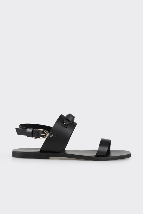 Siyah deri düz kadın sandalet - Elle Shoes