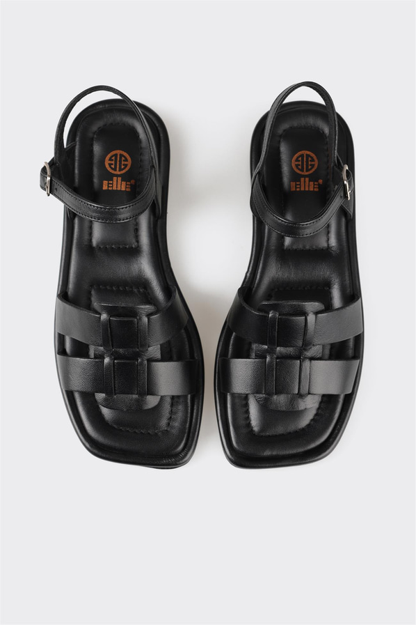Siyah deri düz kadın sandalet - Elle Shoes