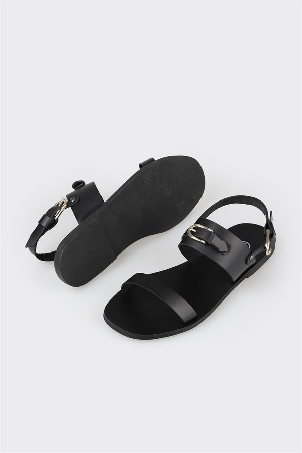 Siyah deri düz kadın sandalet - Elle Shoes