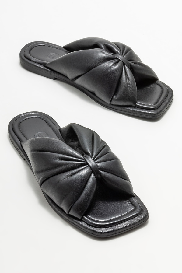 Siyah deri düz kadın terlik - Elle Shoes