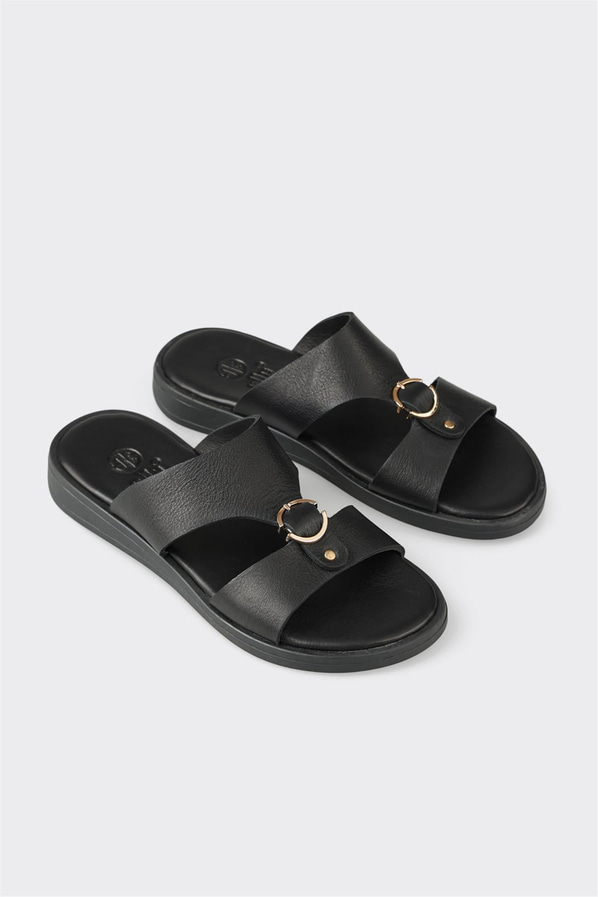 Siyah deri düz örgü dokulu kadın terlik, ofis stili için - Elle Shoes