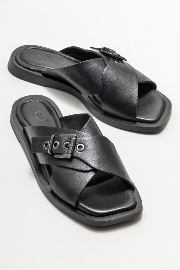 Siyah deri düz kadın terlik - Elle Shoes