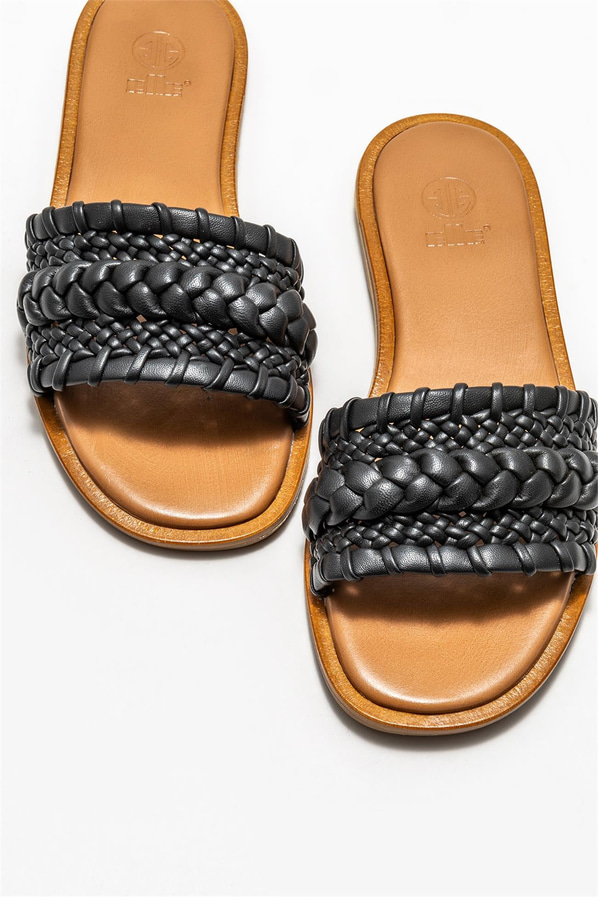 Siyah deri düz kadın terlik - Elle Shoes