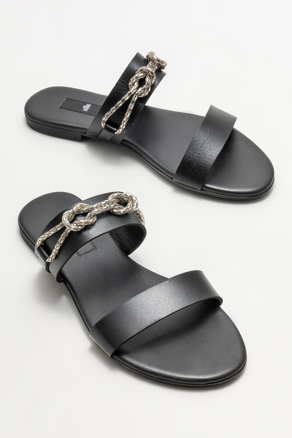 Siyah deri düz kadın terlik - Elle Shoes