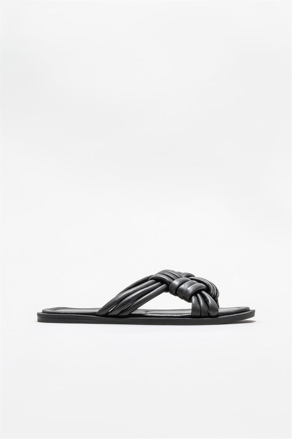 Siyah deri düz kadın terlik - Elle Shoes