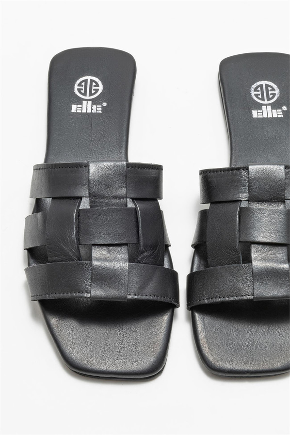 Siyah deri düz kadın terlik - Elle Shoes