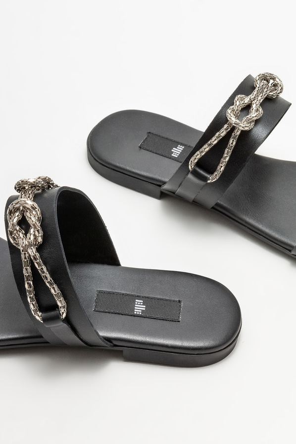 Siyah deri düz kadın terlik - Elle Shoes