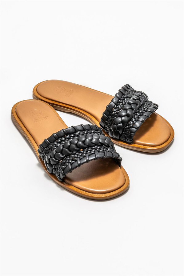 Siyah deri düz kadın terlik - Elle Shoes