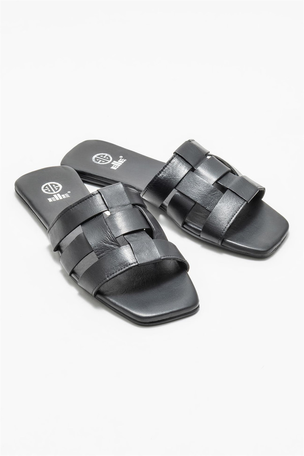 Siyah deri düz kadın terlik - Elle Shoes