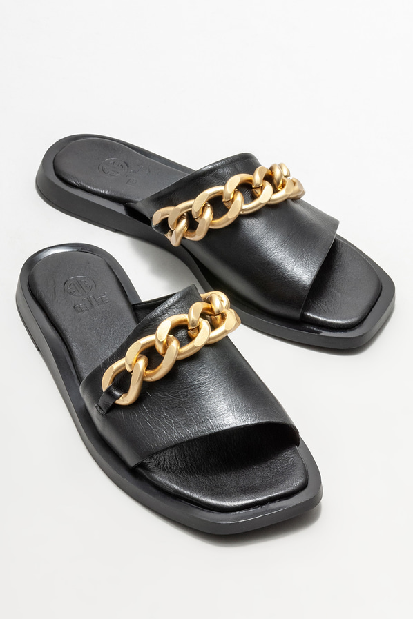 Siyah deri düz kadın terlik - Elle Shoes