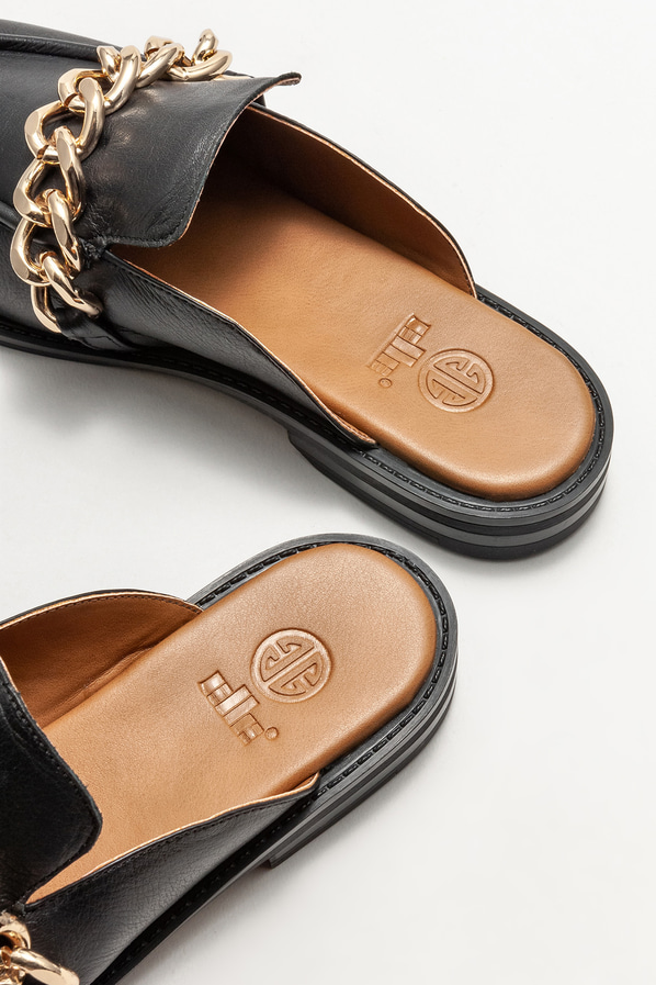 Siyah deri düz kadın terlik - Elle Shoes
