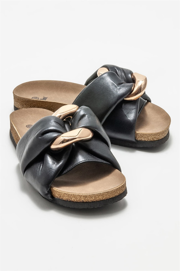 Siyah deri düz kadın terlik - Elle Shoes