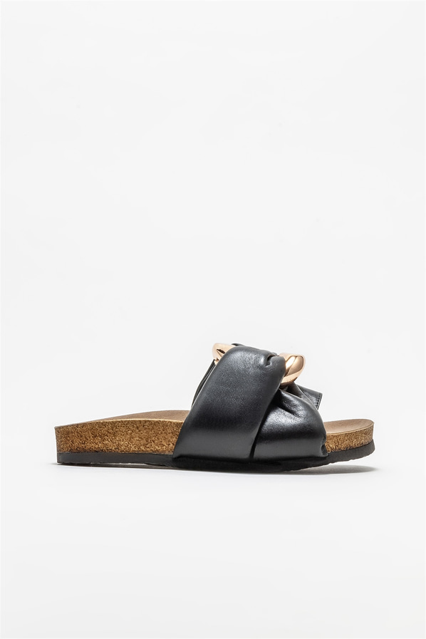 Siyah deri düz kadın terlik - Elle Shoes