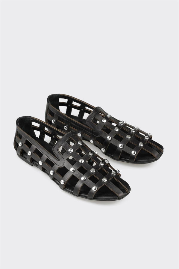 Siyah deri kadın düz ayakkabı, günlük kullanım için - Elle Shoes